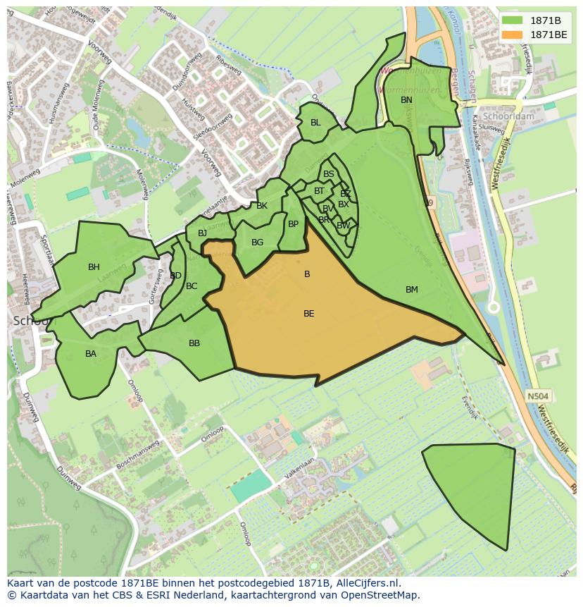 Afbeelding van het postcodegebied 1871 BE op de kaart.