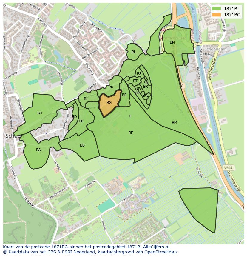 Afbeelding van het postcodegebied 1871 BG op de kaart.
