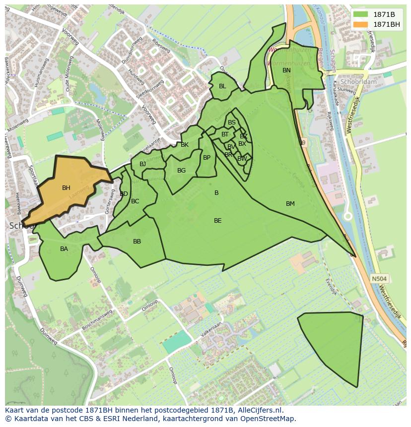 Afbeelding van het postcodegebied 1871 BH op de kaart.