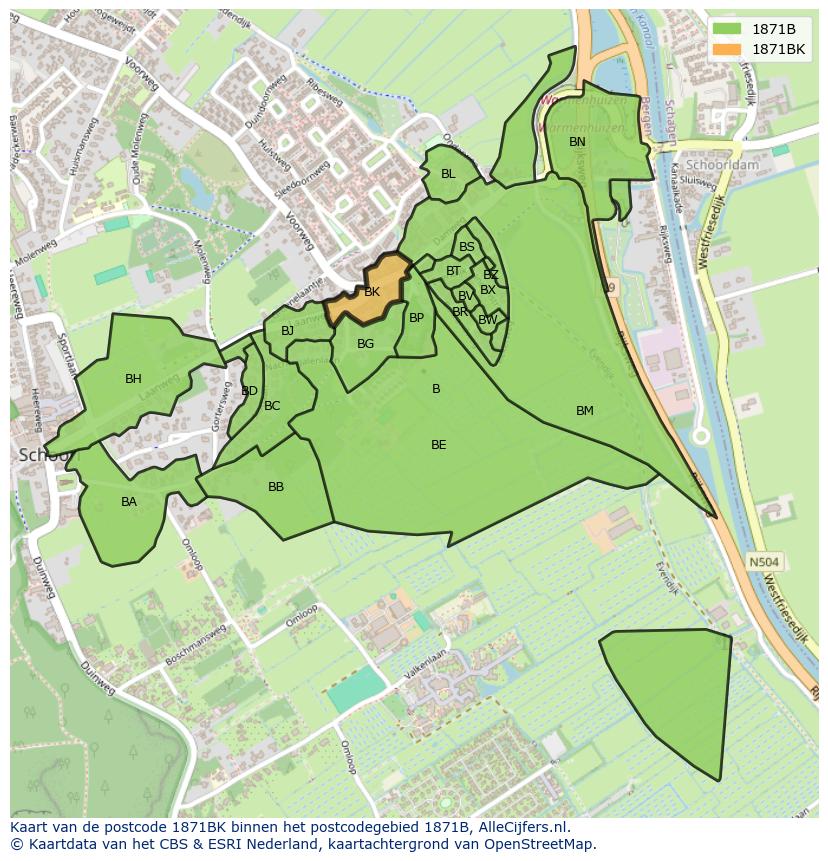 Afbeelding van het postcodegebied 1871 BK op de kaart.