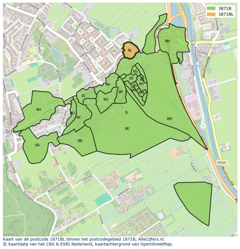 Afbeelding van het postcodegebied 1871 BL op de kaart.