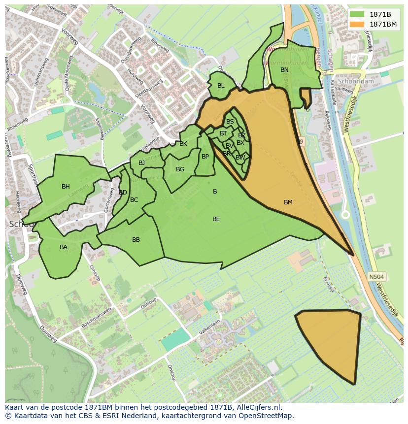 Afbeelding van het postcodegebied 1871 BM op de kaart.
