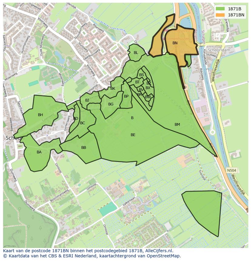 Afbeelding van het postcodegebied 1871 BN op de kaart.