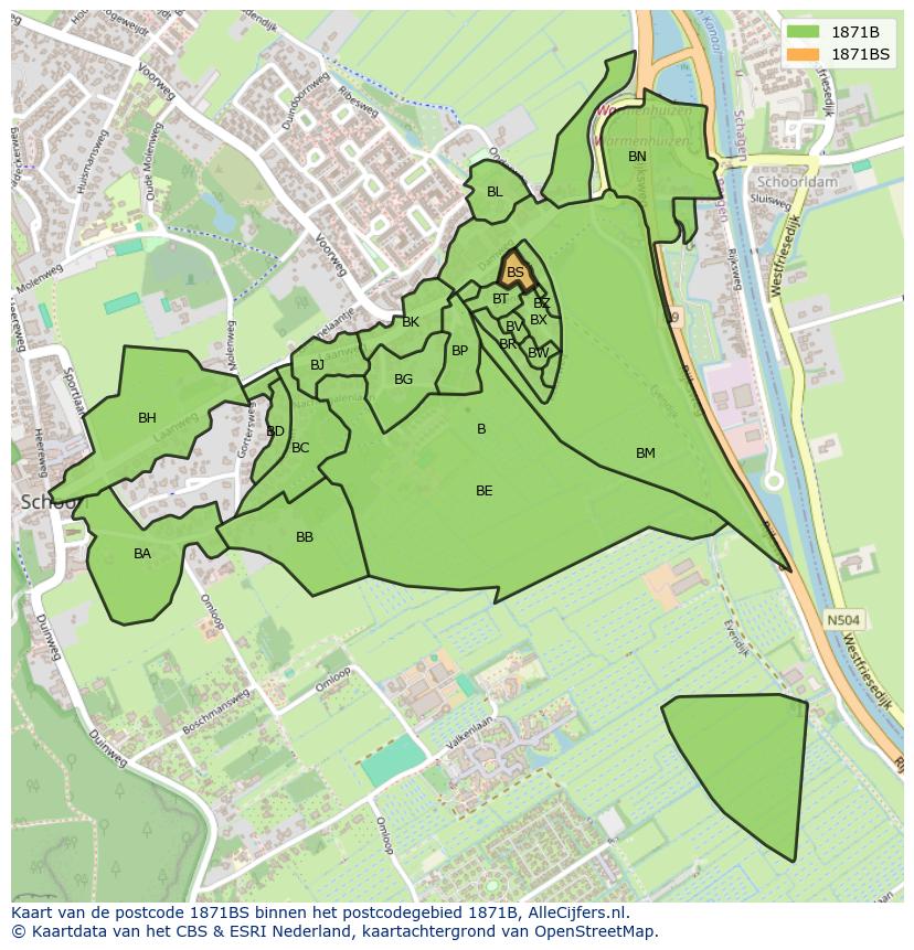 Afbeelding van het postcodegebied 1871 BS op de kaart.