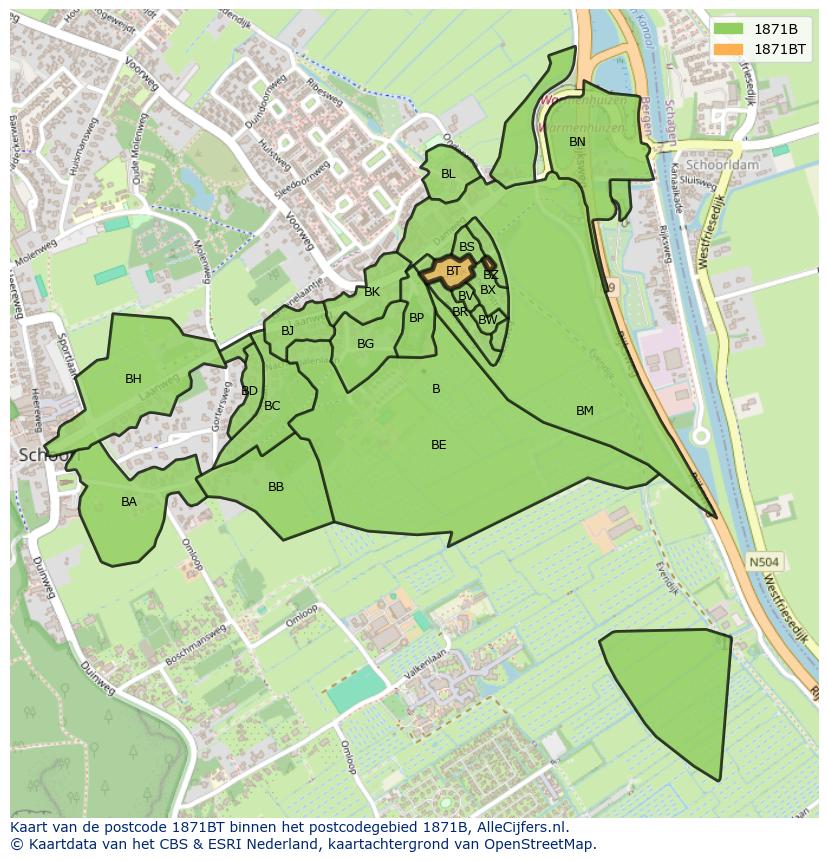 Afbeelding van het postcodegebied 1871 BT op de kaart.