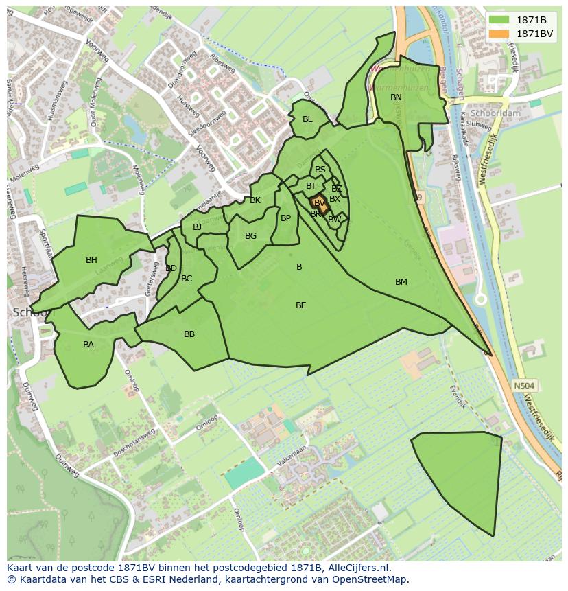 Afbeelding van het postcodegebied 1871 BV op de kaart.