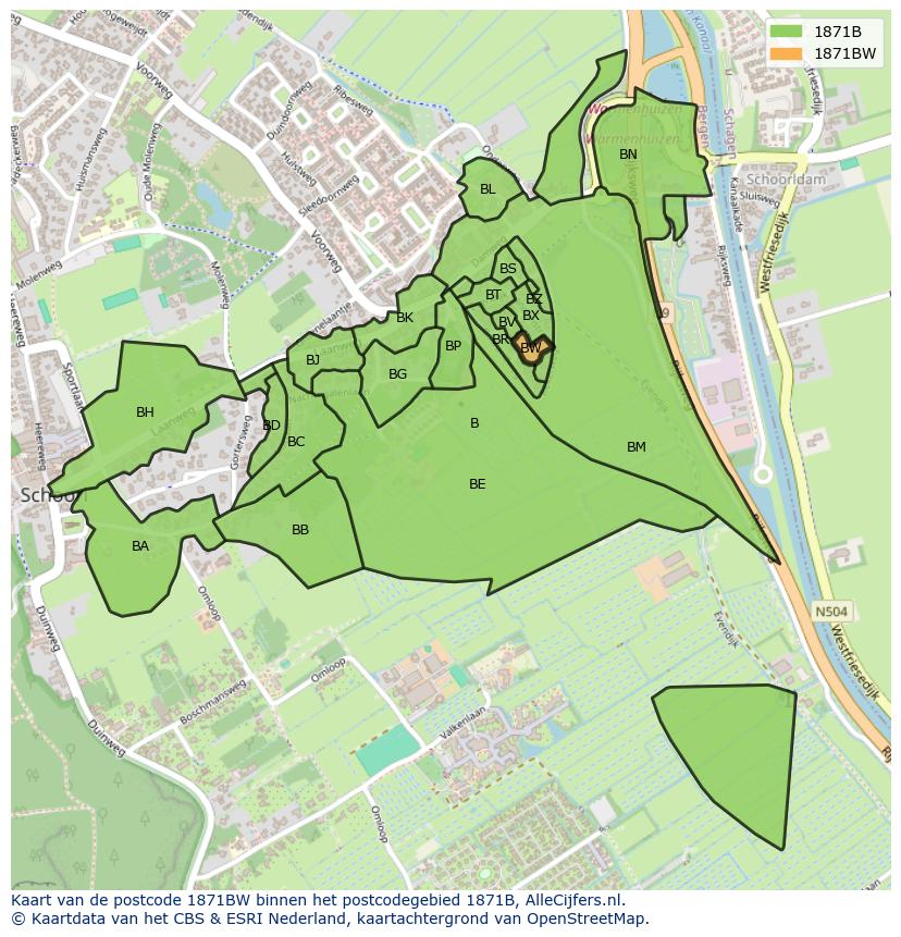 Afbeelding van het postcodegebied 1871 BW op de kaart.