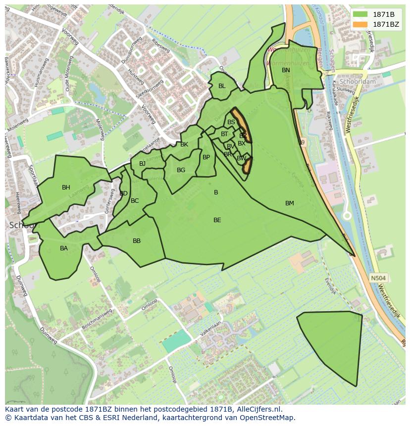 Afbeelding van het postcodegebied 1871 BZ op de kaart.