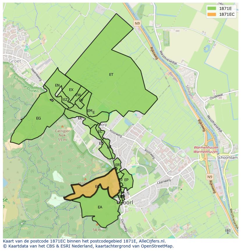 Afbeelding van het postcodegebied 1871 EC op de kaart.