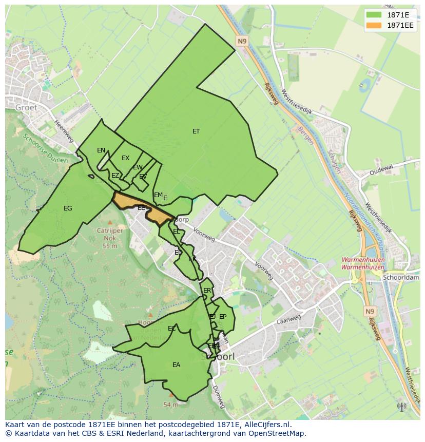 Afbeelding van het postcodegebied 1871 EE op de kaart.