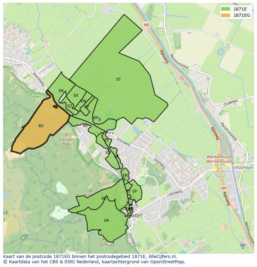 Afbeelding van het postcodegebied 1871 EG op de kaart.