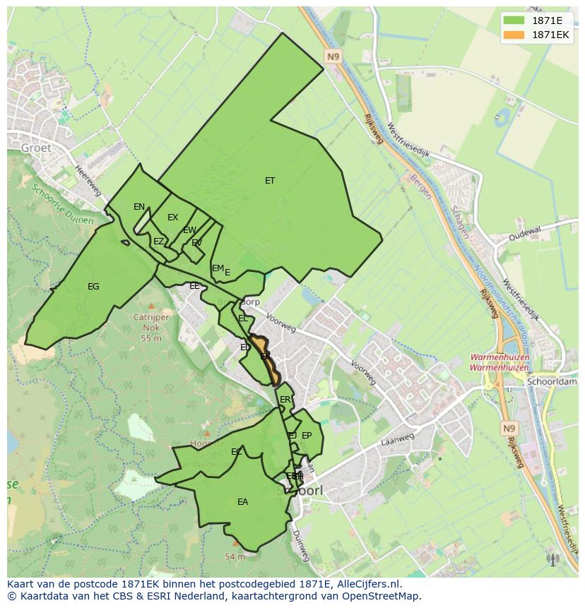 Afbeelding van het postcodegebied 1871 EK op de kaart.