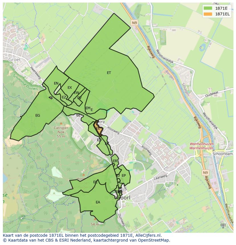Afbeelding van het postcodegebied 1871 EL op de kaart.