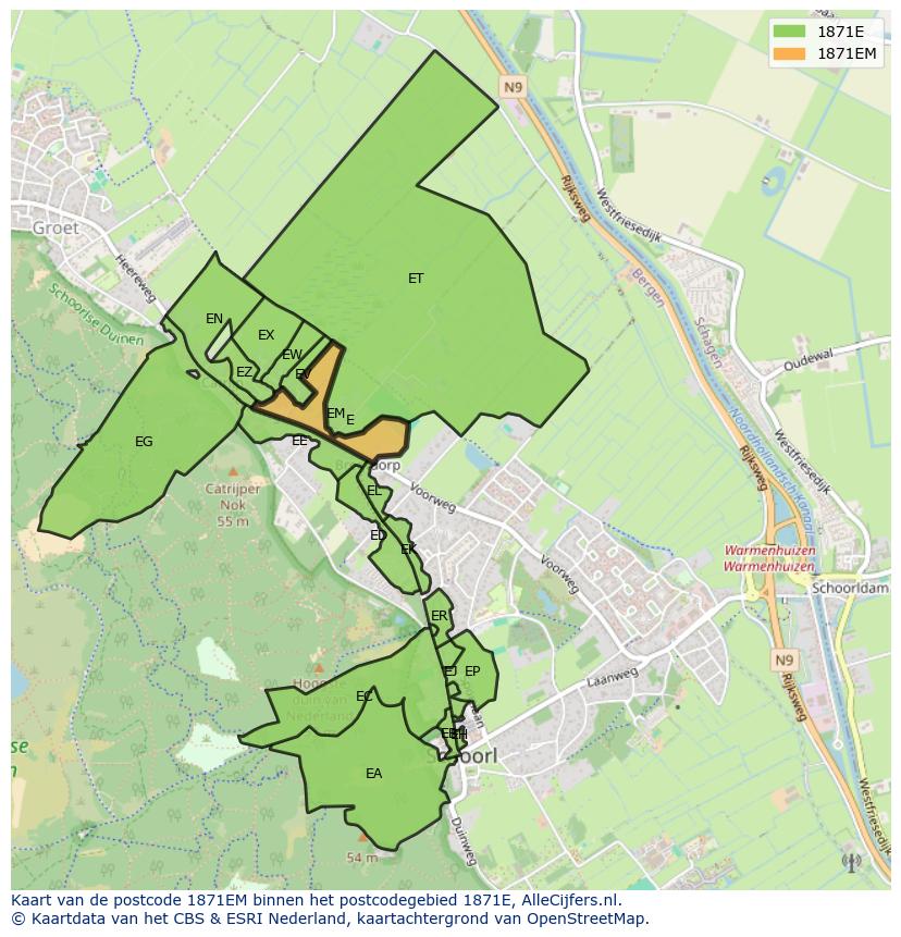 Afbeelding van het postcodegebied 1871 EM op de kaart.