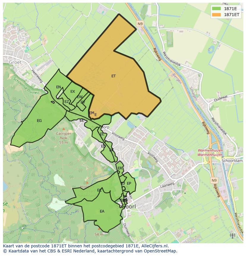 Afbeelding van het postcodegebied 1871 ET op de kaart.