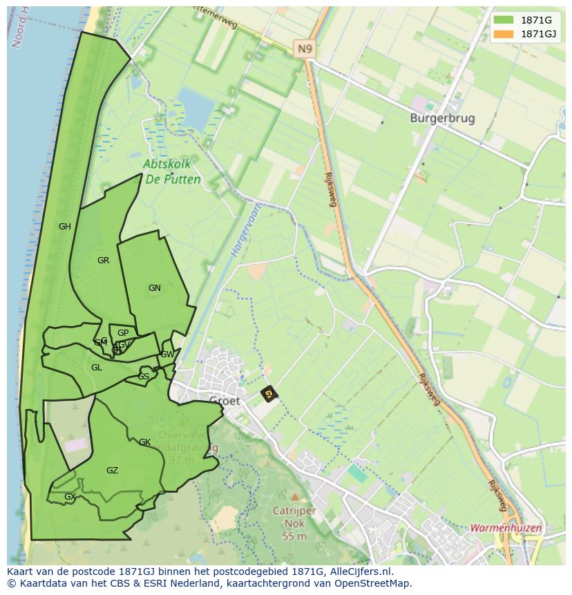 Afbeelding van het postcodegebied 1871 GJ op de kaart.