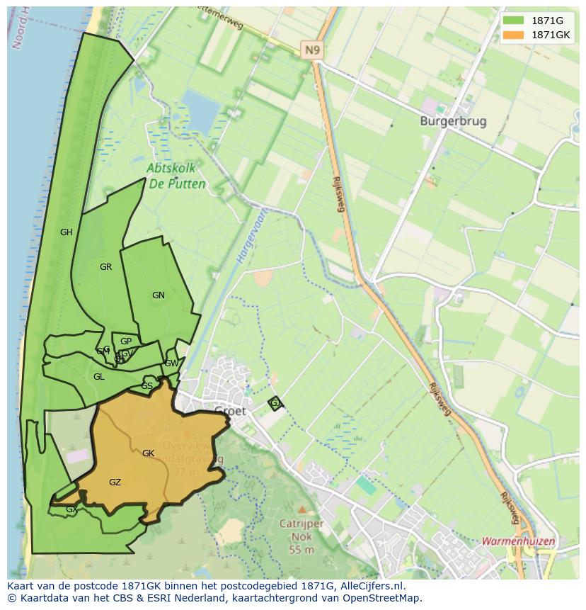 Afbeelding van het postcodegebied 1871 GK op de kaart.