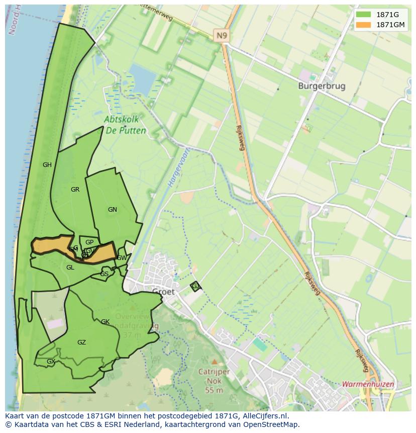Afbeelding van het postcodegebied 1871 GM op de kaart.