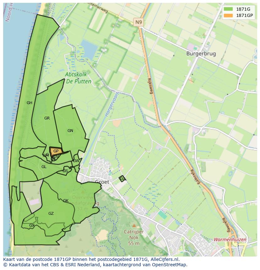 Afbeelding van het postcodegebied 1871 GP op de kaart.