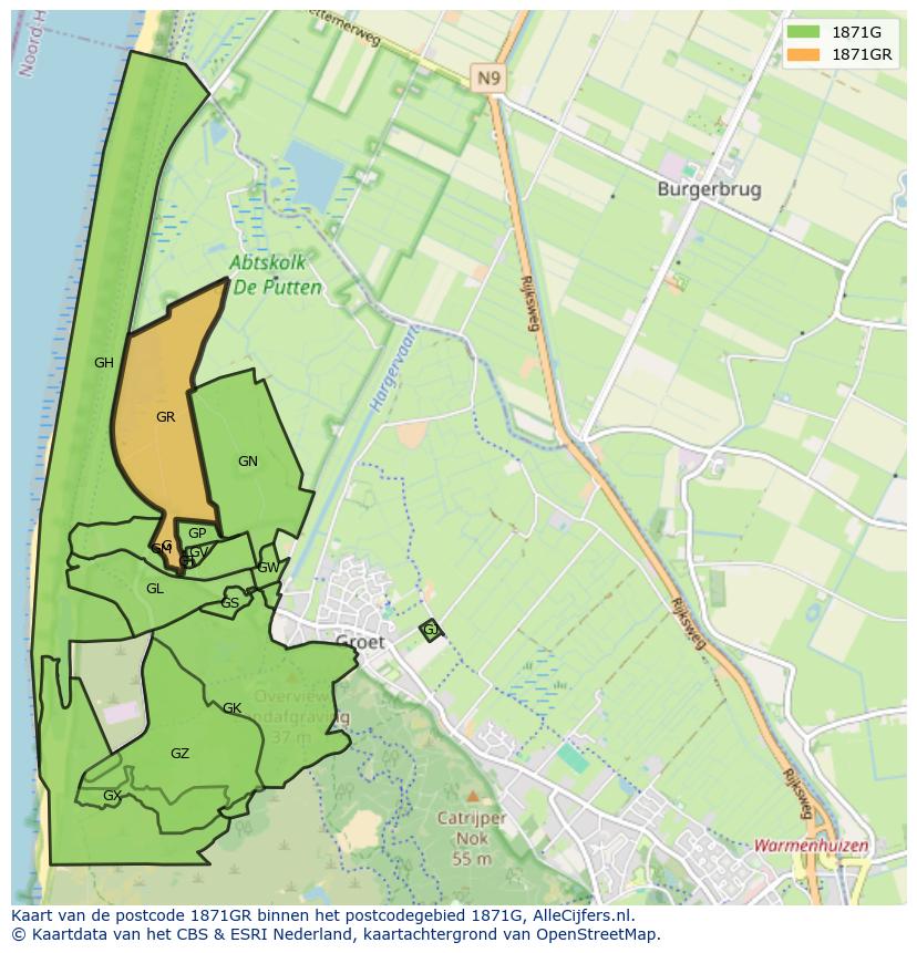 Afbeelding van het postcodegebied 1871 GR op de kaart.