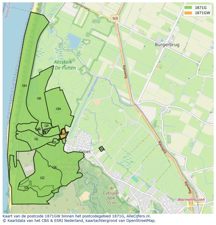 Afbeelding van het postcodegebied 1871 GW op de kaart.