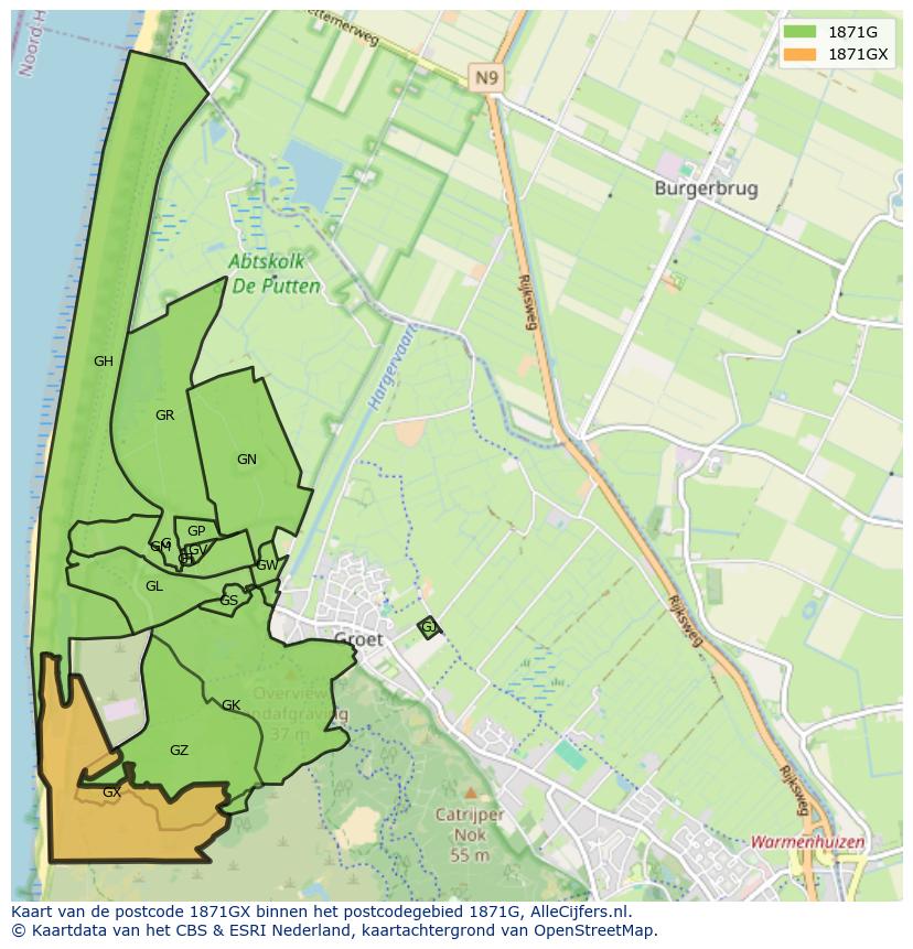 Afbeelding van het postcodegebied 1871 GX op de kaart.