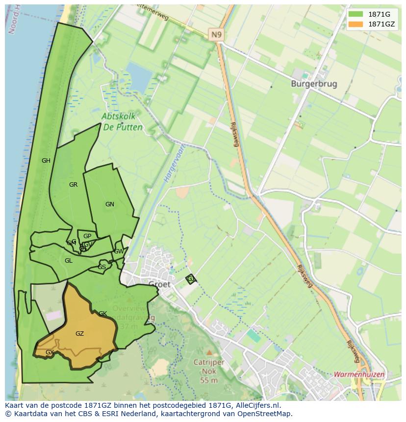 Afbeelding van het postcodegebied 1871 GZ op de kaart.