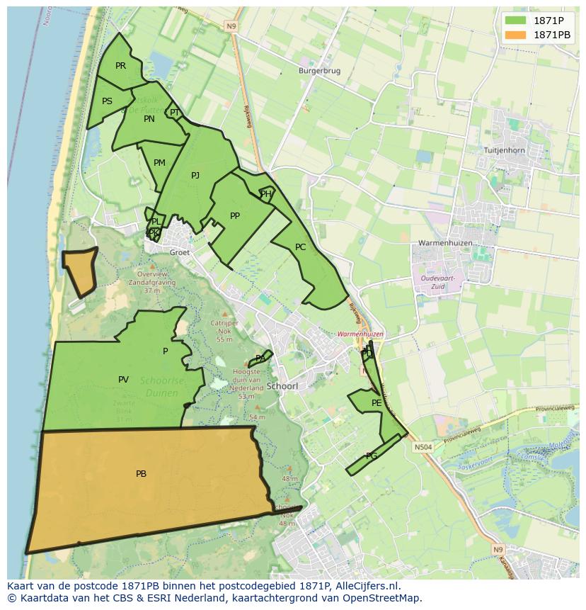 Afbeelding van het postcodegebied 1871 PB op de kaart.