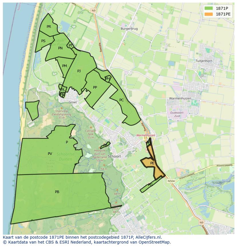 Afbeelding van het postcodegebied 1871 PE op de kaart.