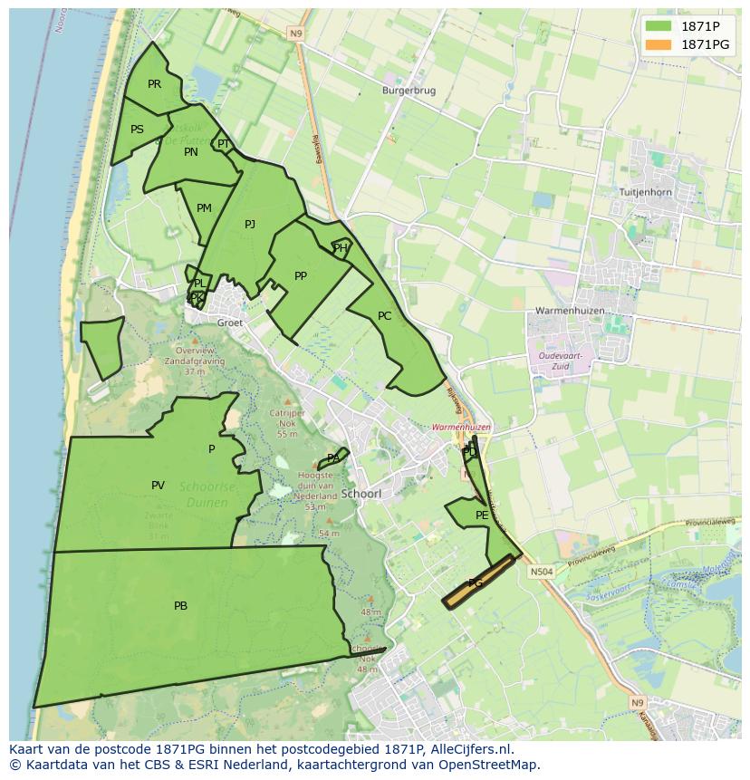 Afbeelding van het postcodegebied 1871 PG op de kaart.