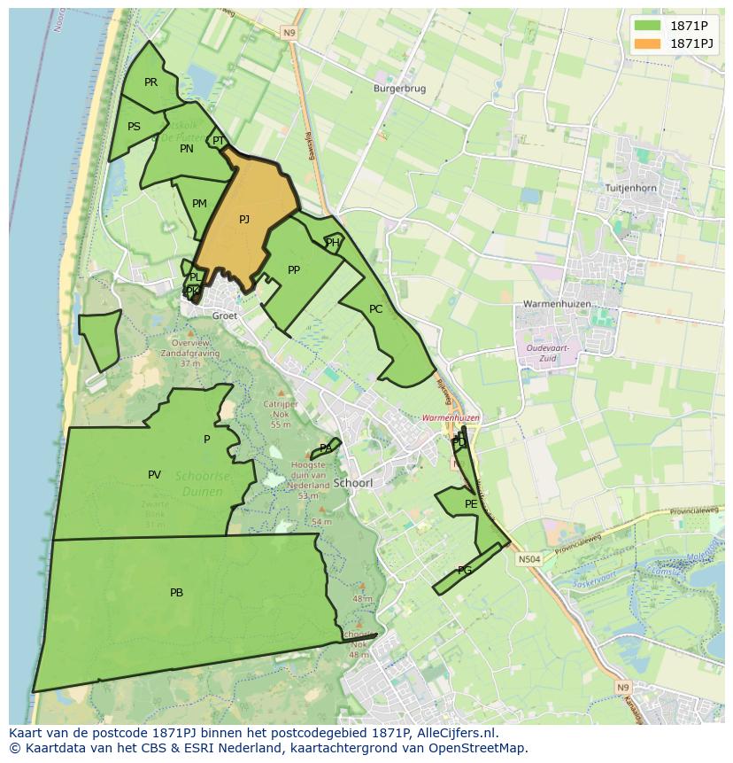 Afbeelding van het postcodegebied 1871 PJ op de kaart.