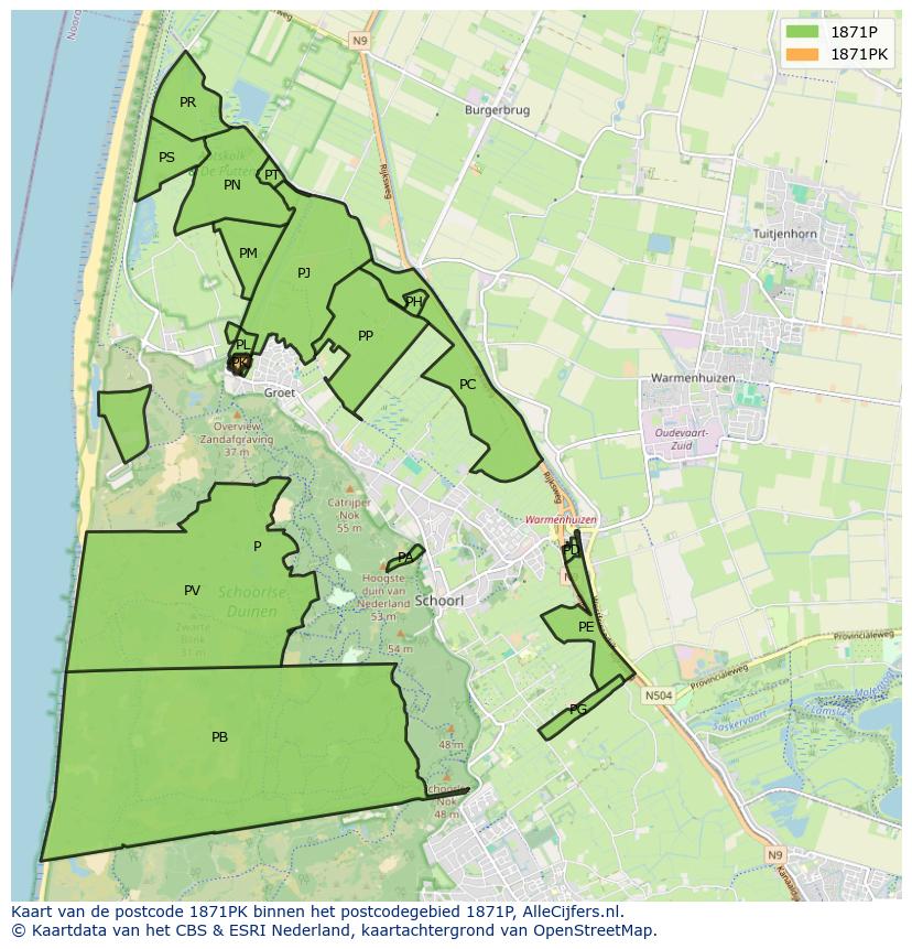 Afbeelding van het postcodegebied 1871 PK op de kaart.