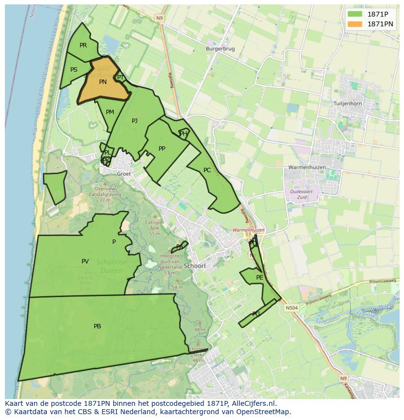 Afbeelding van het postcodegebied 1871 PN op de kaart.