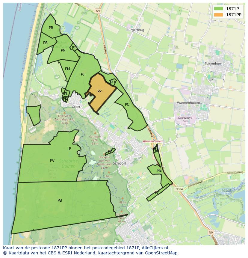 Afbeelding van het postcodegebied 1871 PP op de kaart.