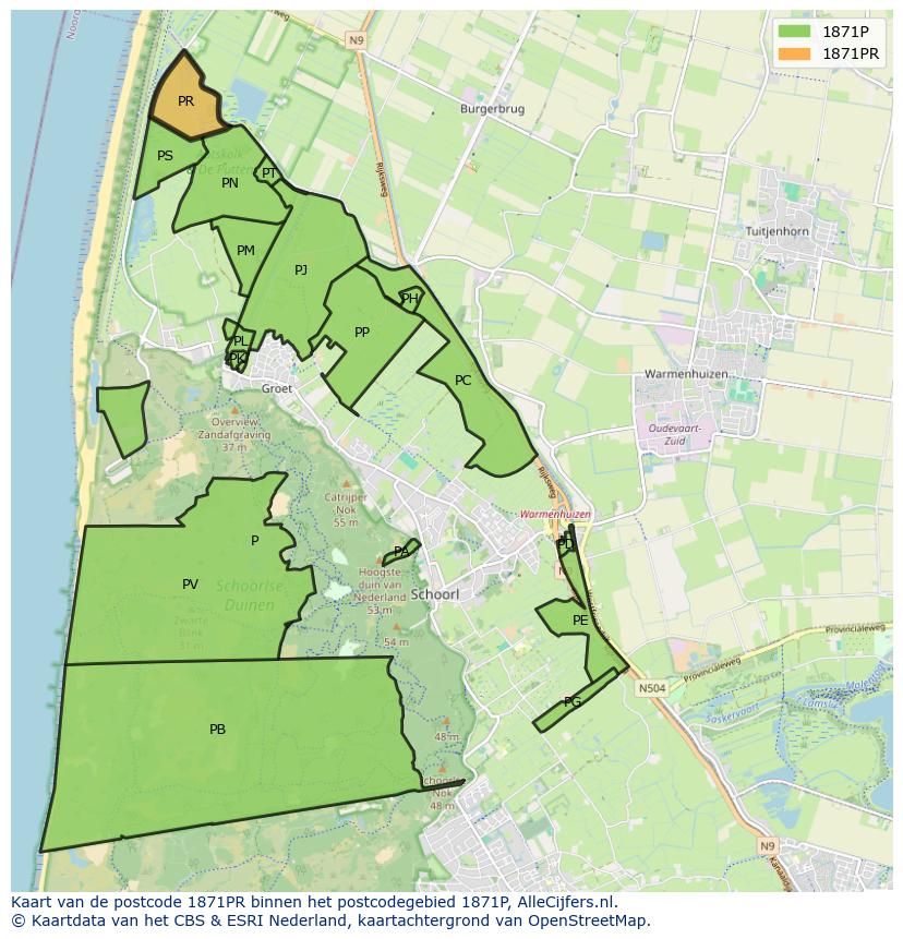 Afbeelding van het postcodegebied 1871 PR op de kaart.