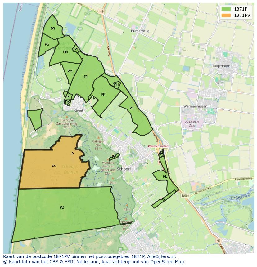Afbeelding van het postcodegebied 1871 PV op de kaart.
