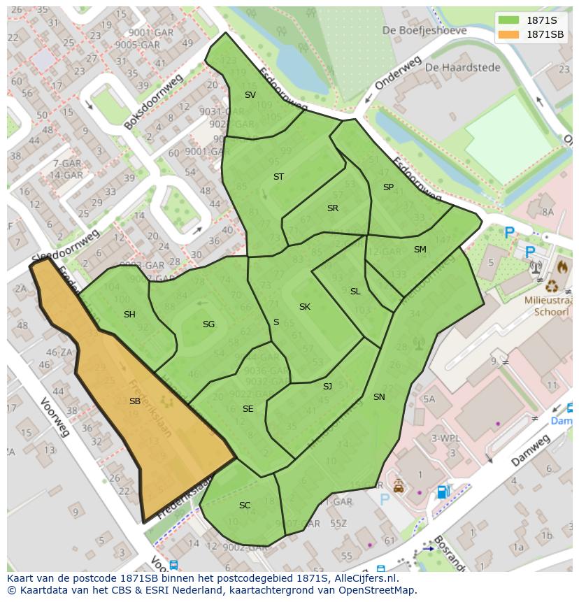 Afbeelding van het postcodegebied 1871 SB op de kaart.
