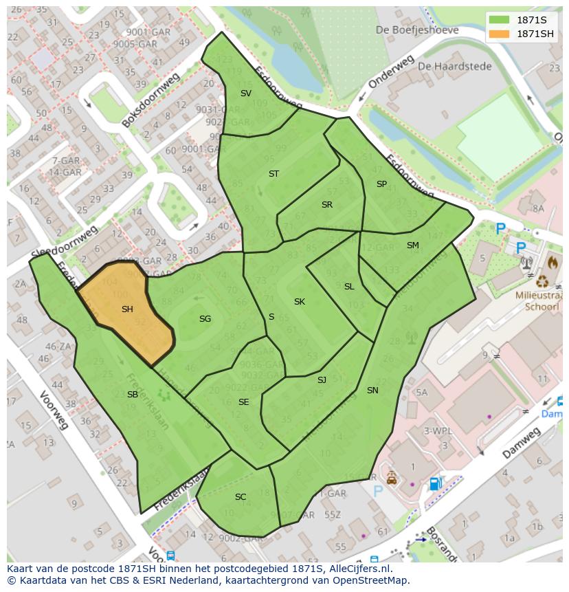 Afbeelding van het postcodegebied 1871 SH op de kaart.