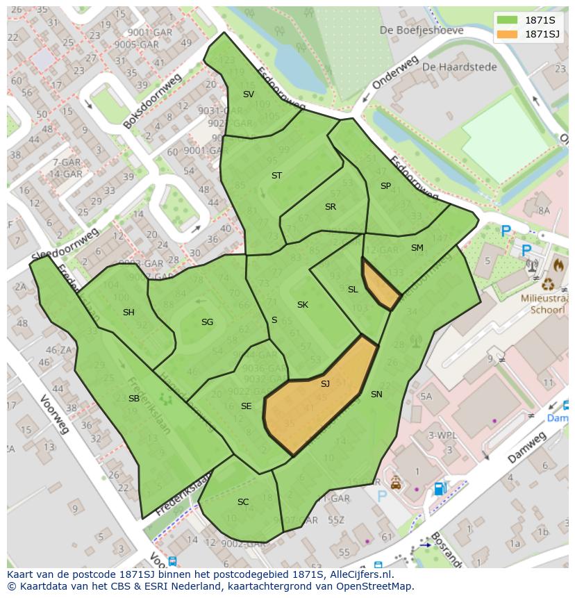Afbeelding van het postcodegebied 1871 SJ op de kaart.