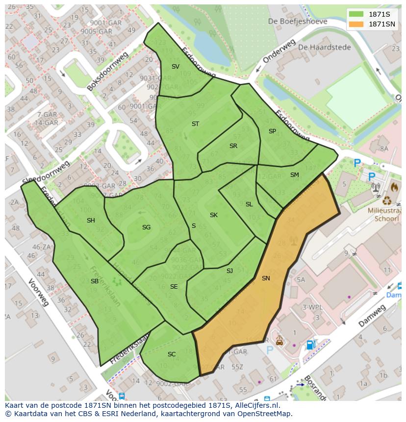 Afbeelding van het postcodegebied 1871 SN op de kaart.