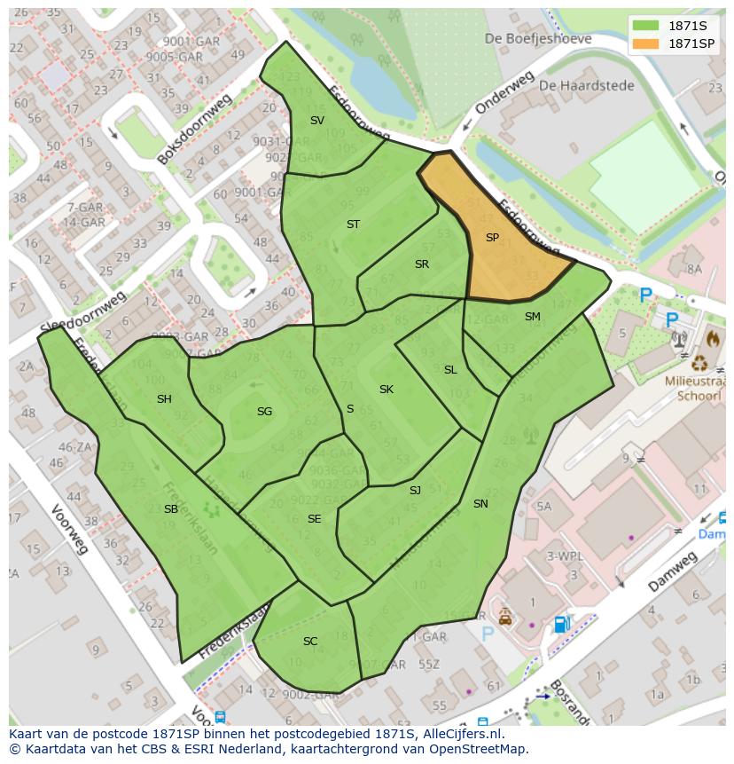 Afbeelding van het postcodegebied 1871 SP op de kaart.