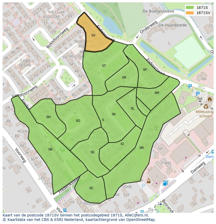 Afbeelding van het postcodegebied 1871 SV op de kaart.