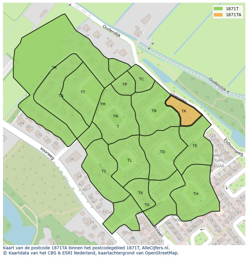 Afbeelding van het postcodegebied 1871 TA op de kaart.