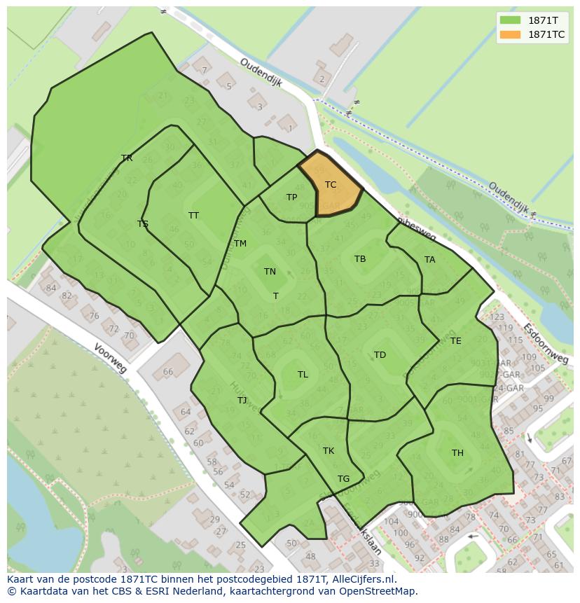 Afbeelding van het postcodegebied 1871 TC op de kaart.
