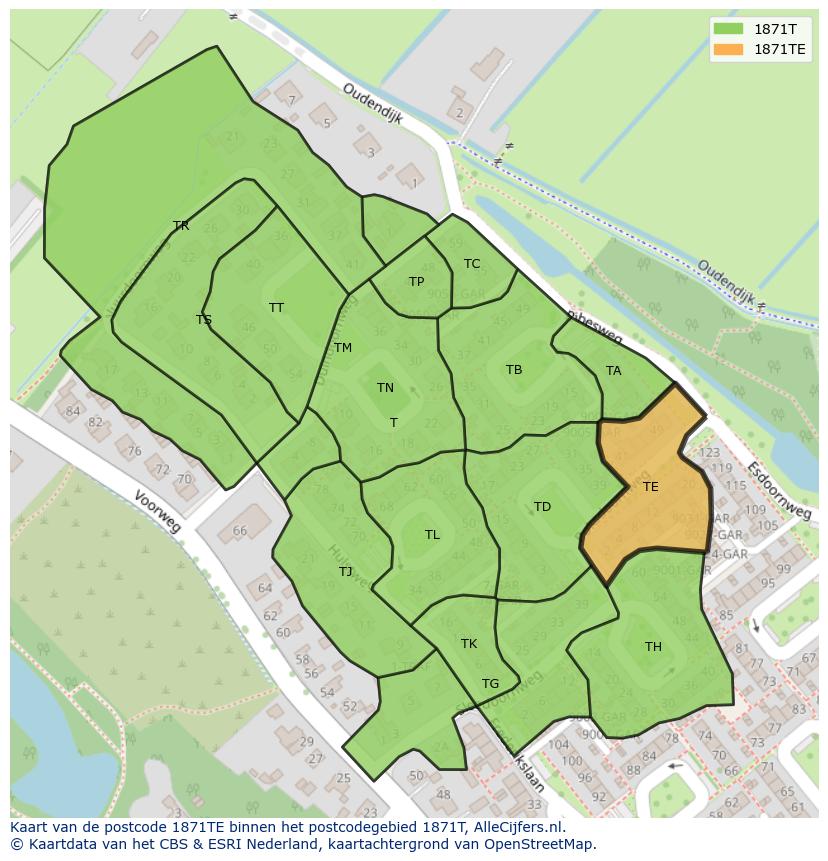 Afbeelding van het postcodegebied 1871 TE op de kaart.