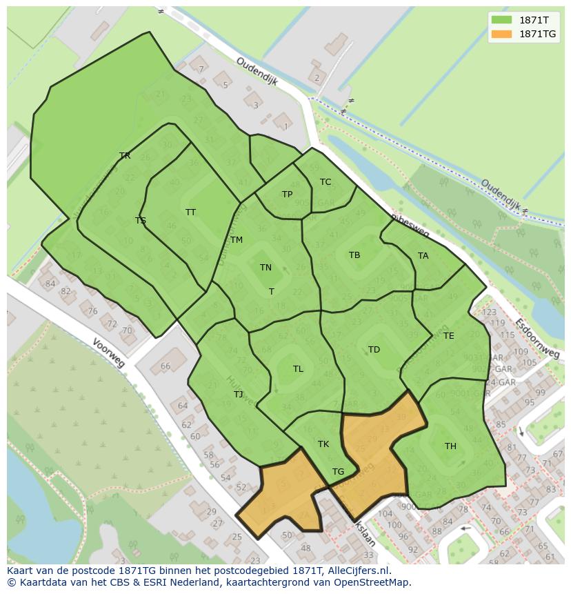 Afbeelding van het postcodegebied 1871 TG op de kaart.