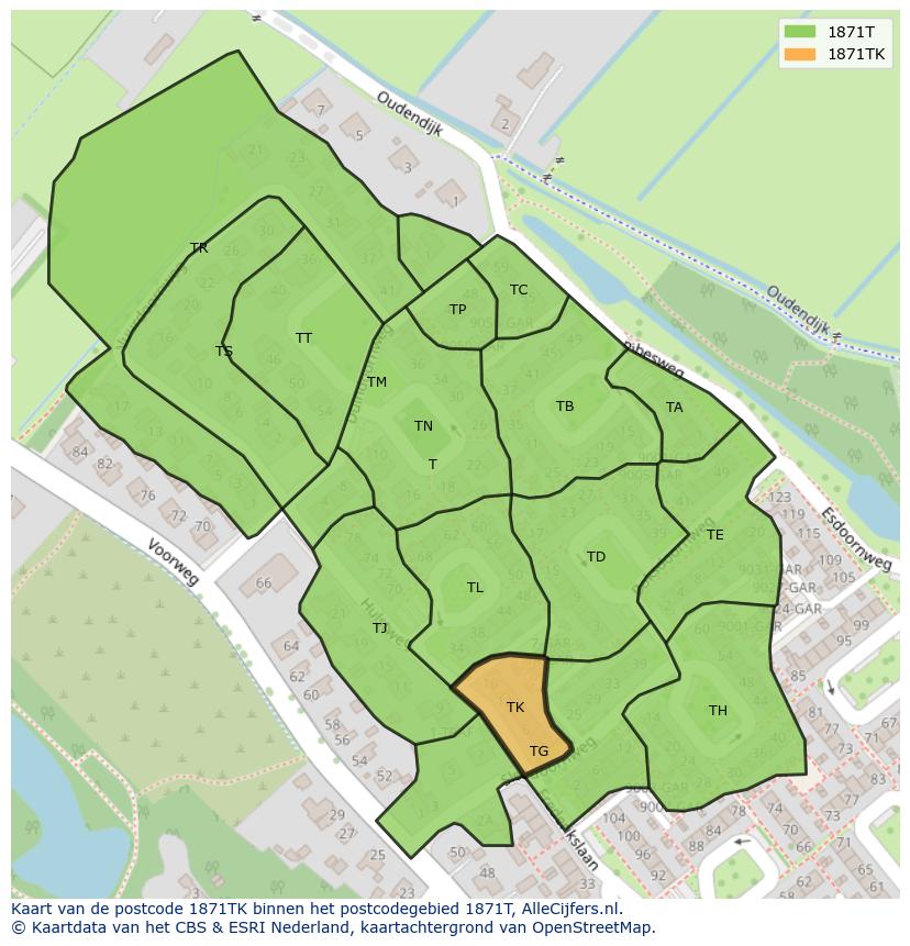 Afbeelding van het postcodegebied 1871 TK op de kaart.