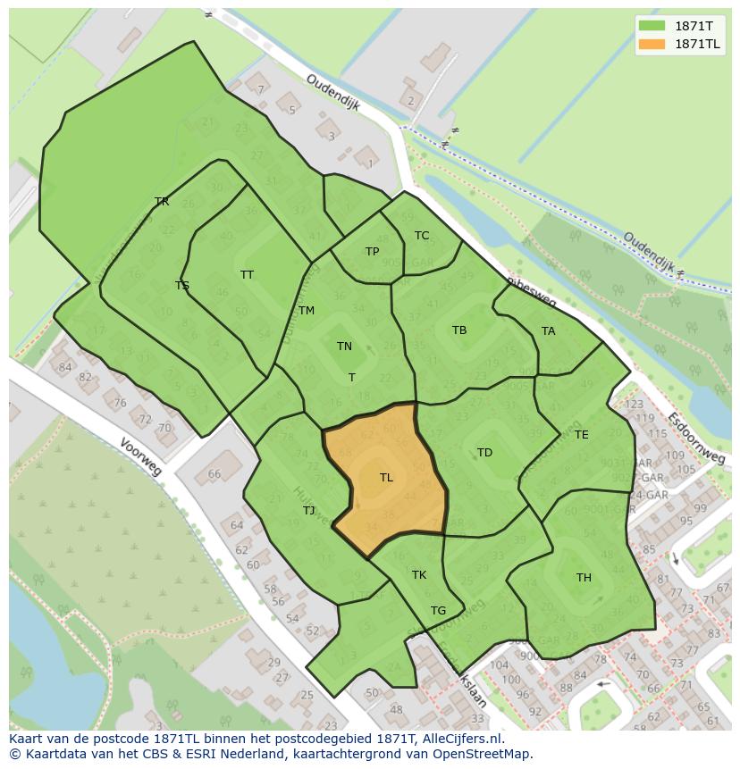 Afbeelding van het postcodegebied 1871 TL op de kaart.