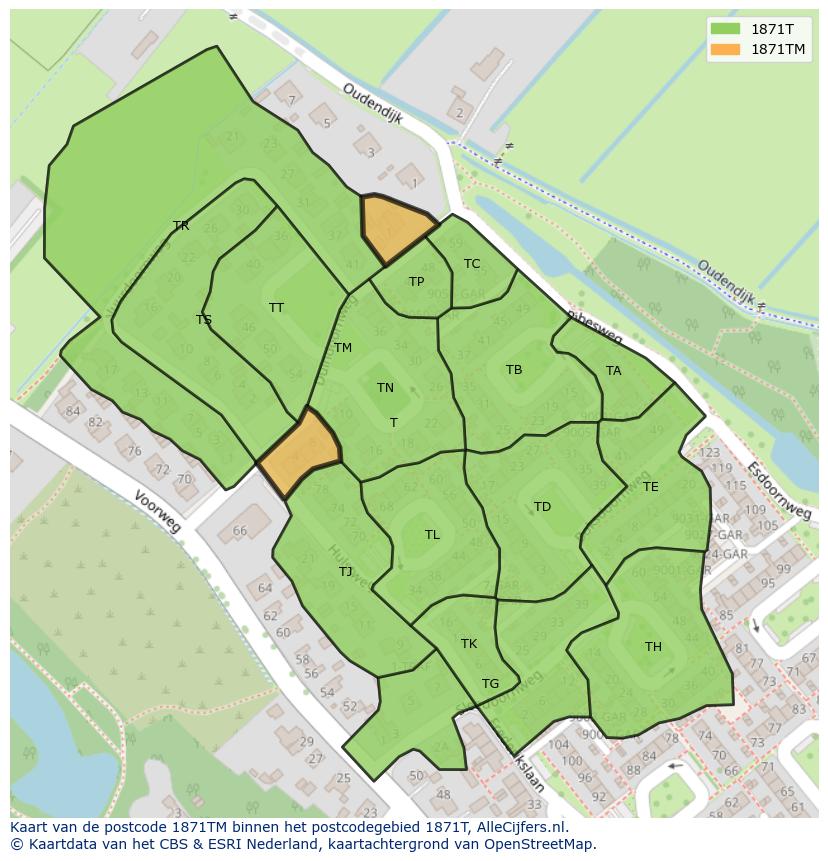 Afbeelding van het postcodegebied 1871 TM op de kaart.
