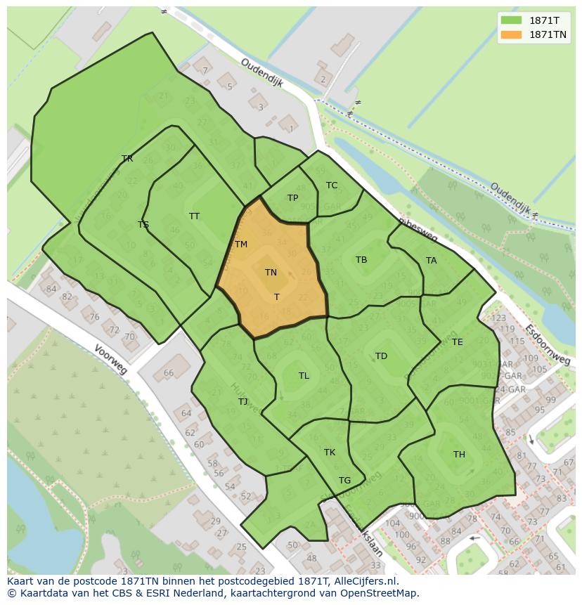 Afbeelding van het postcodegebied 1871 TN op de kaart.